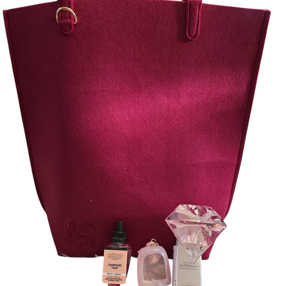 Bath & Body Works Burgandy Tote Bag Lot Of Misc Items All New Bag Warmer&refill